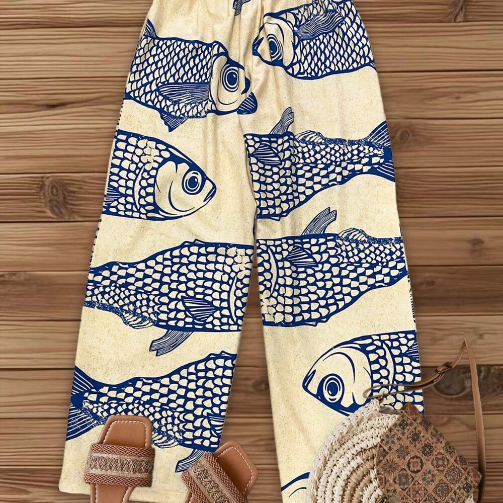 Apricot Casual Women's Vacation Wide Leg Pants with Fish Print Waistband - Picture 4 of 10
